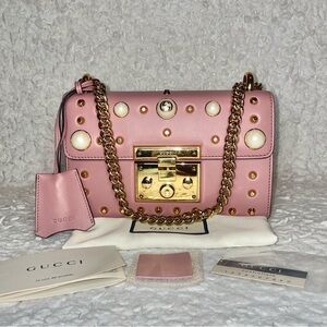 Gucci Pearl Studded Padlock Chain Pink Leather Crossbody Shoulder Bag 432182